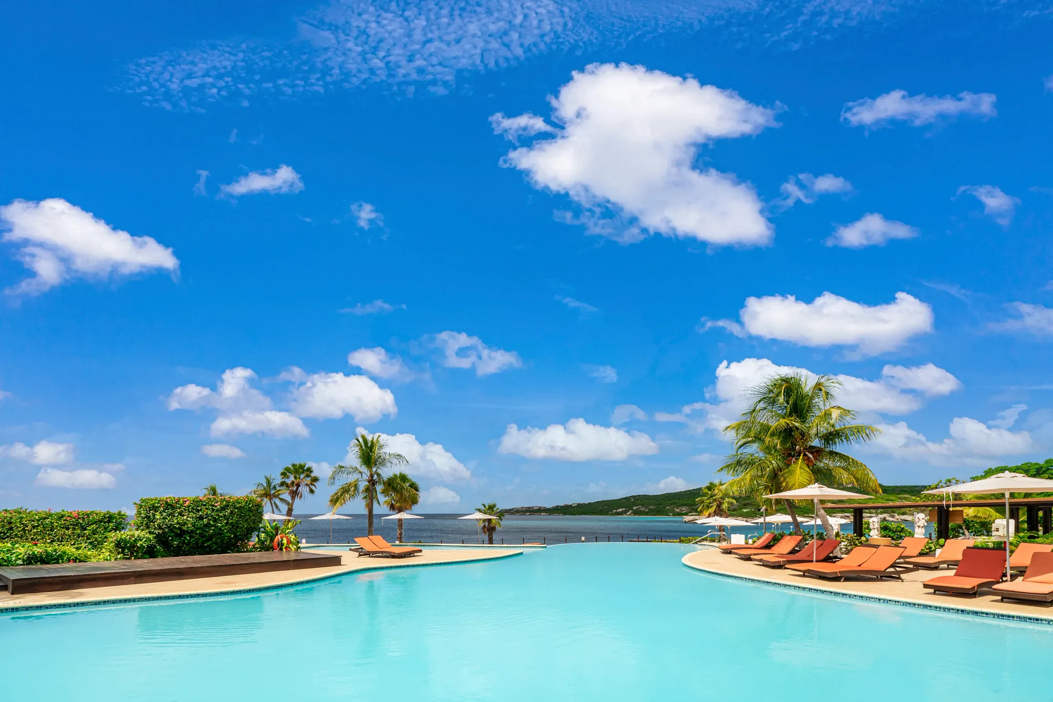 Infinity pool overlooking the Caribbean Sea with lounge chairs at Dreams Curaçao Resort.
