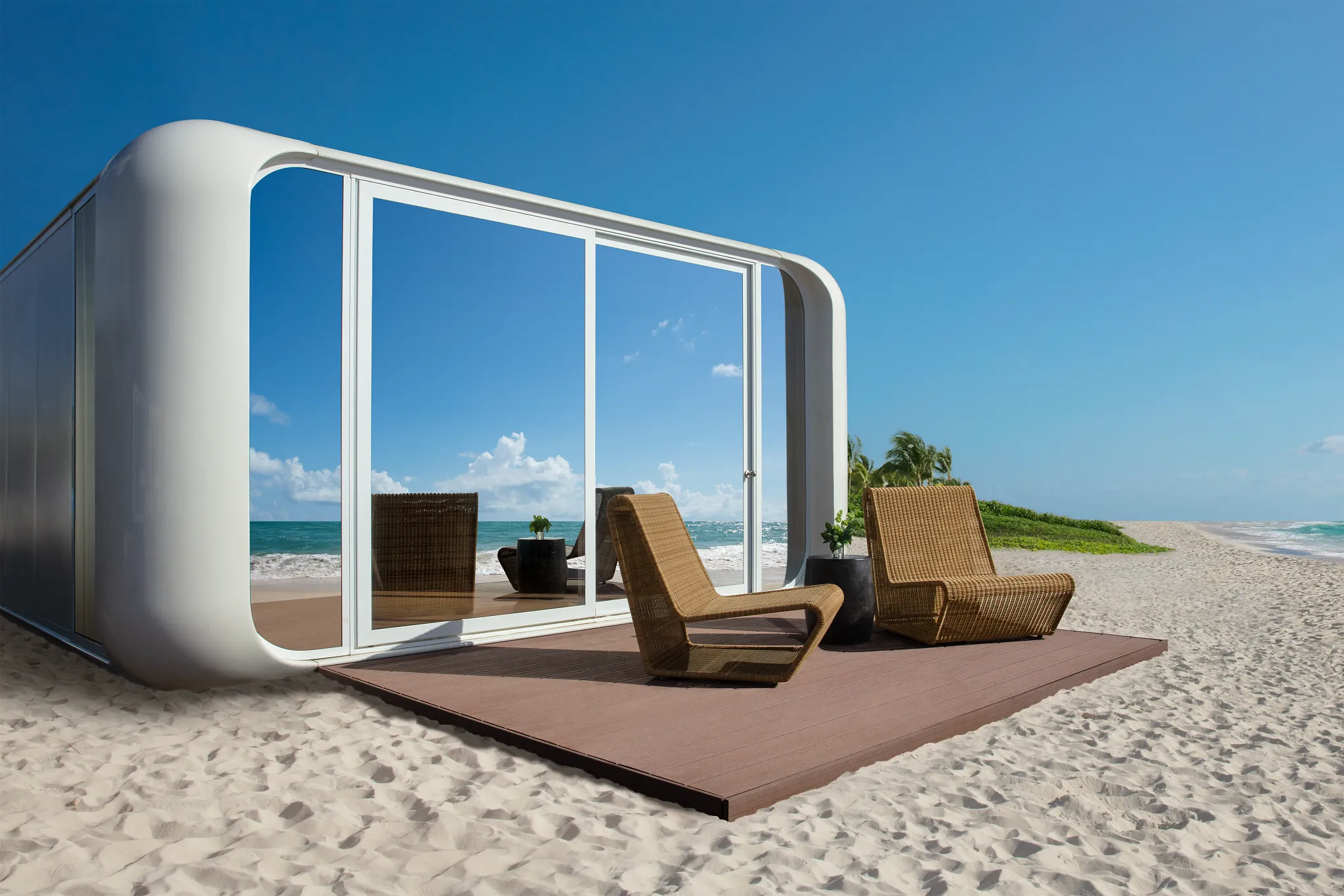 Modern beachfront bungalow with floor-to-ceiling windows on the sand at Dreams Curaçao Resort.
